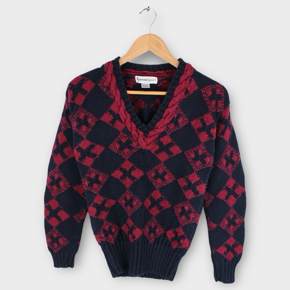 Vintage CarenSport Navy Red Argyle Sweater Womens S V-Neck Chunky Cable Knit